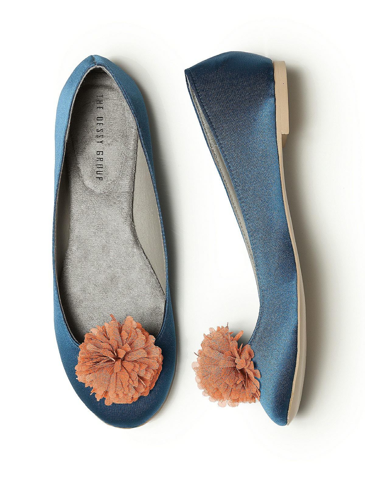 white satin ballet flats with orange detail 