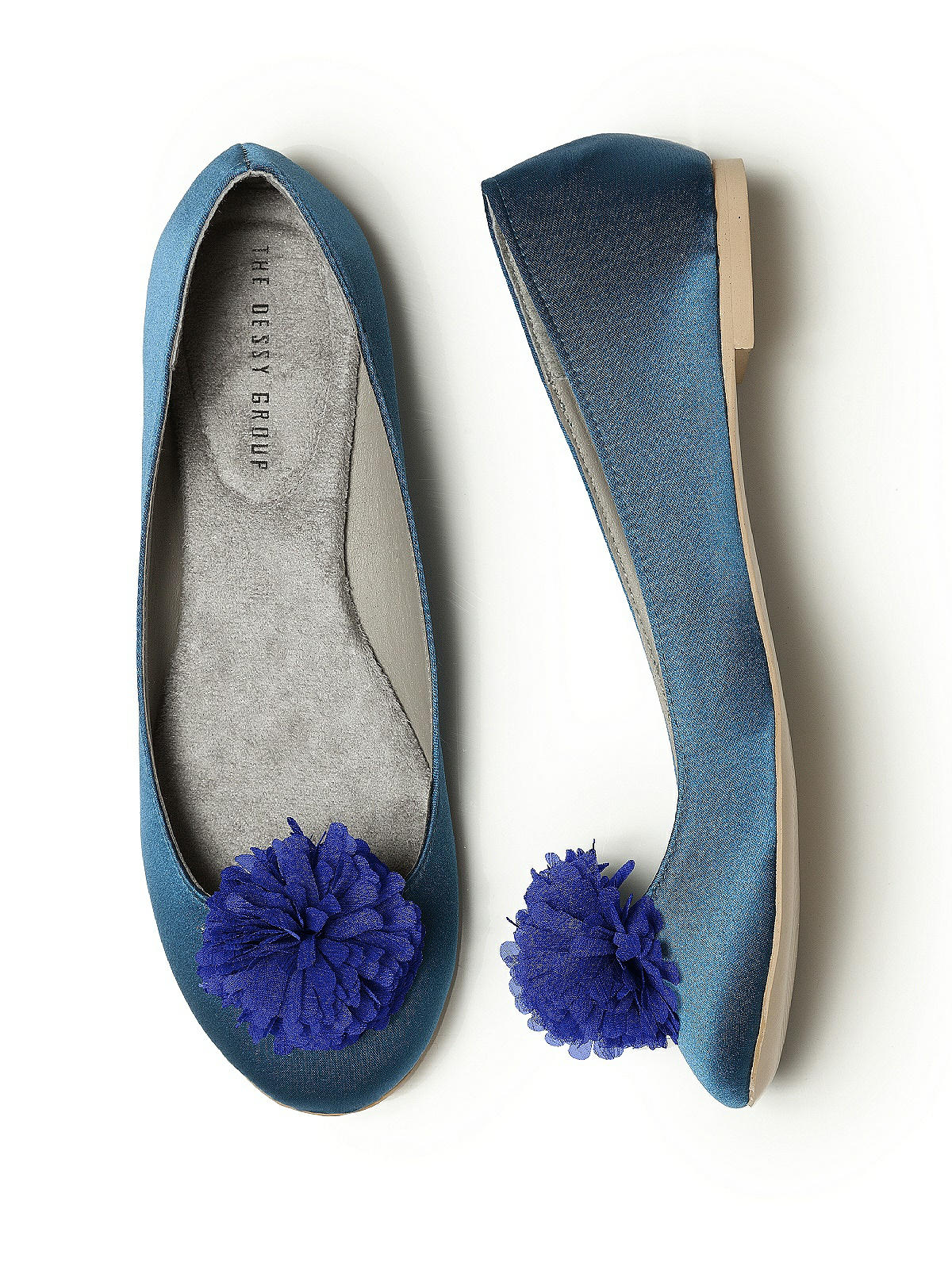 white ballet flats with blue pom poms 