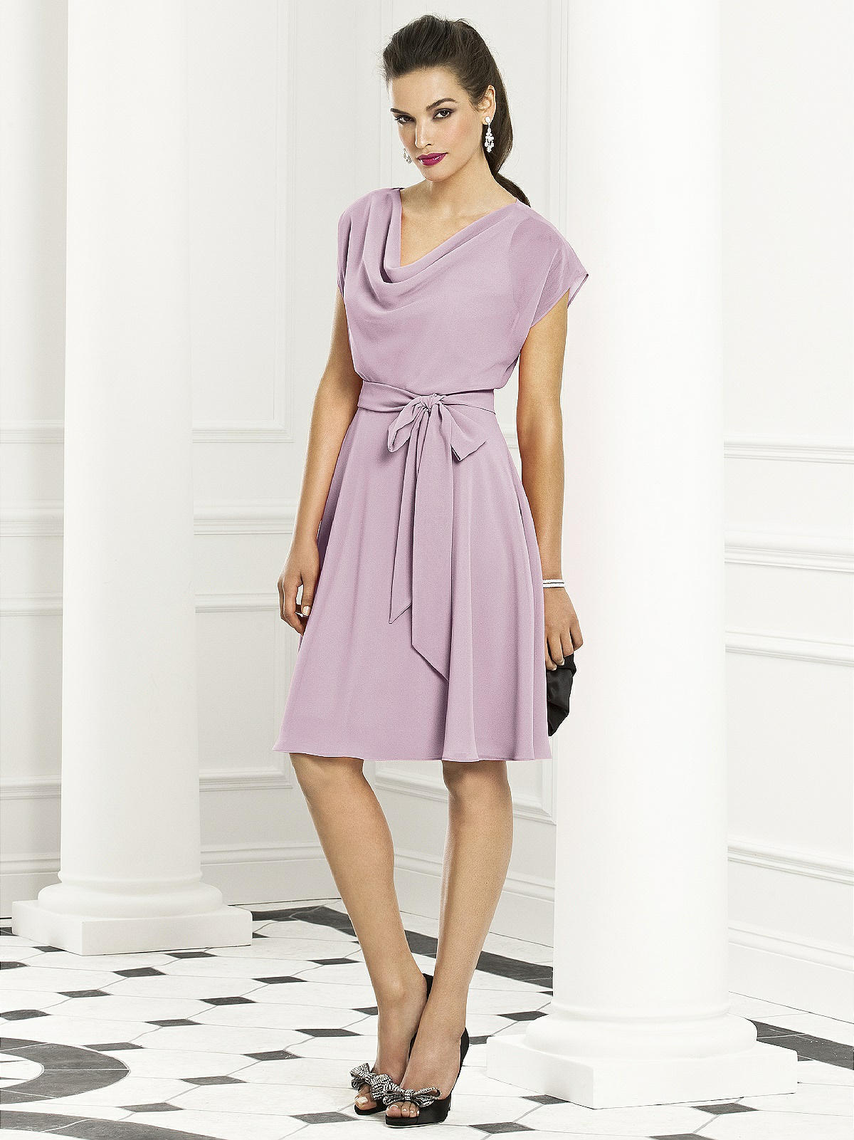pale lilac bridesmaid dress with cowl neckline.