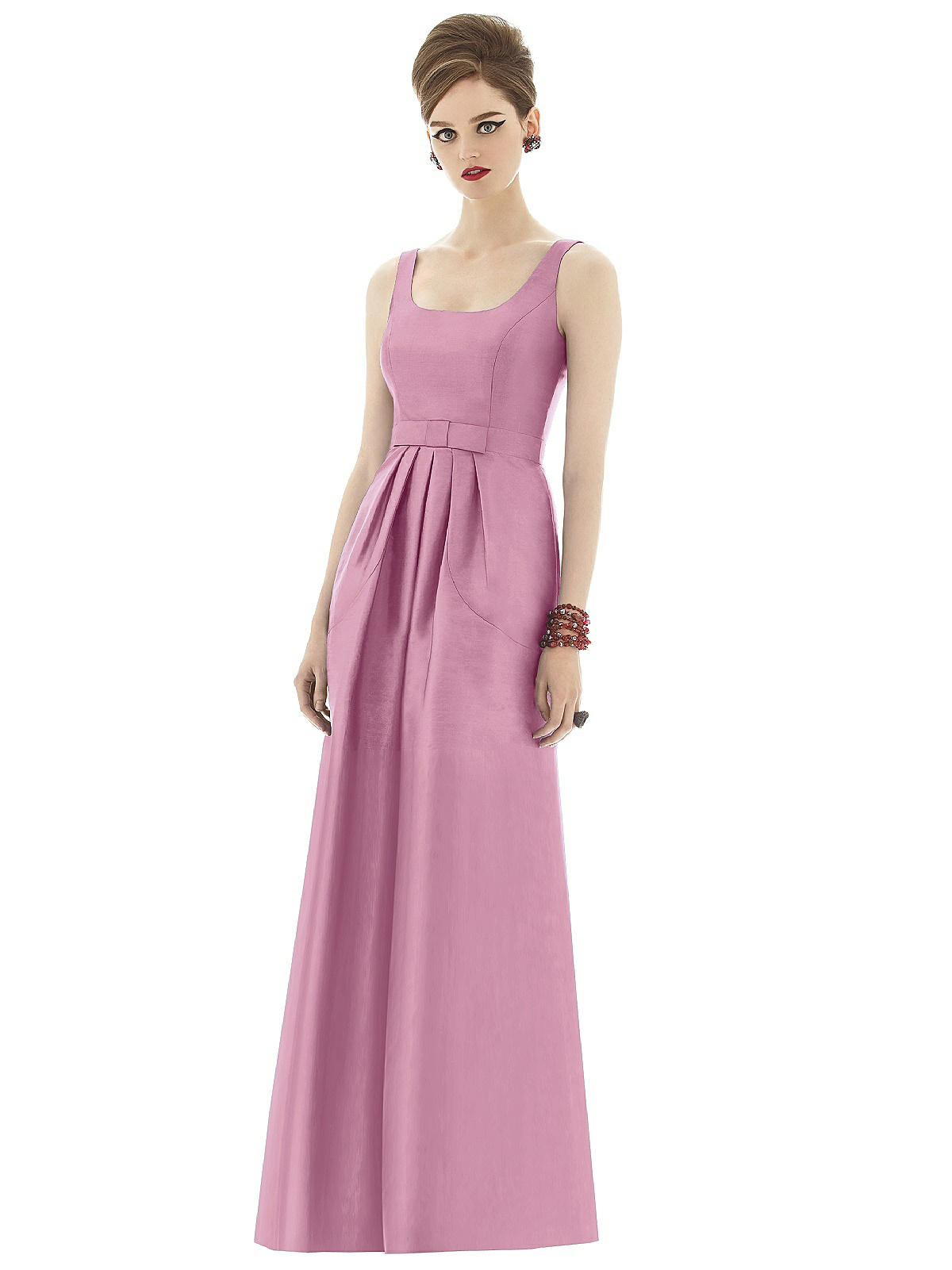 pale pink scoop neckline long bridesmaid dress