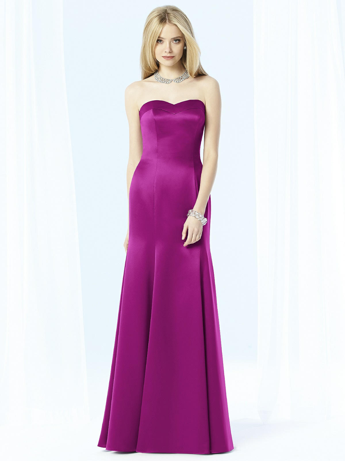 purple satin strapless bridesmaid gown 